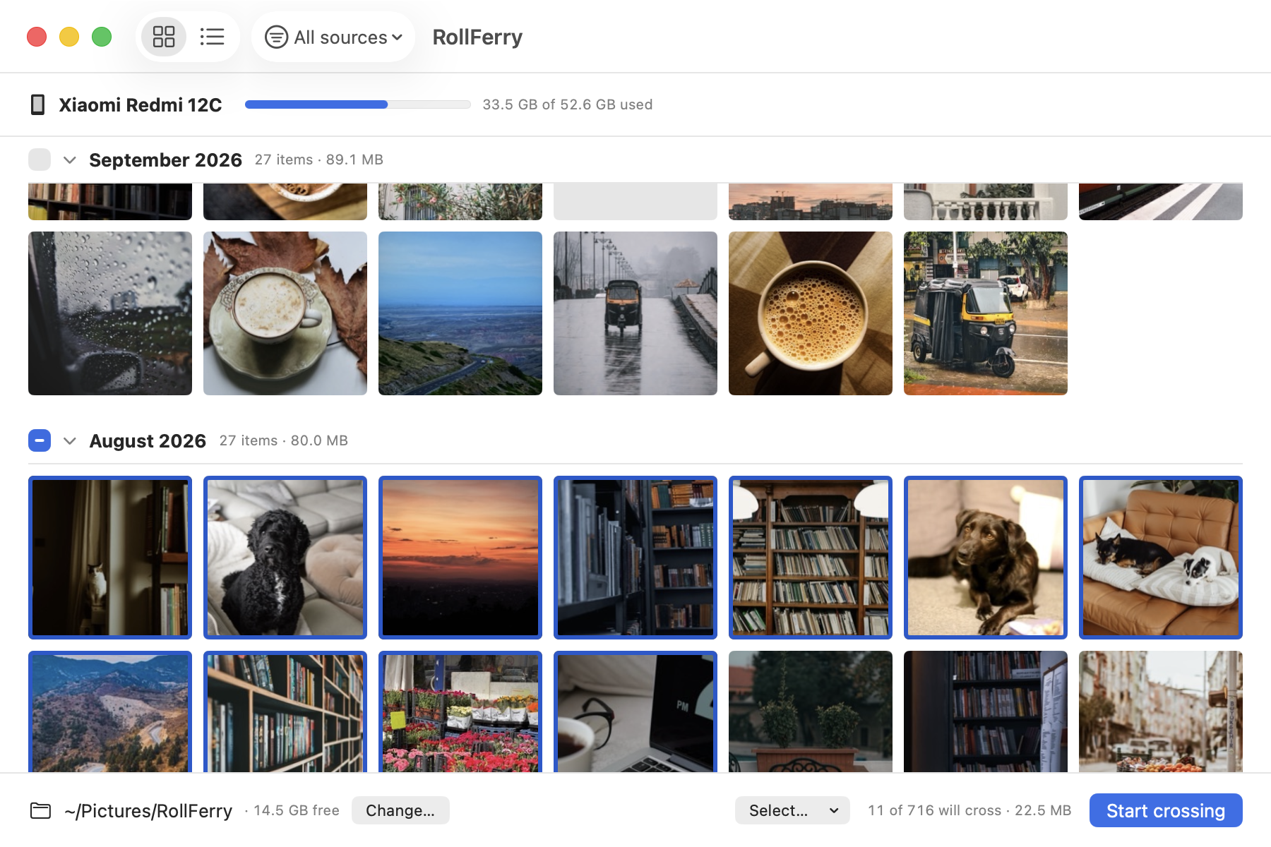 RollFerry on macOS showing 1,240 new items, 18.2 GB, in a grid of photo thumbnails grouped under a pinned August 2026 month header, with the destination folder and a Start crossing button along the bottom.