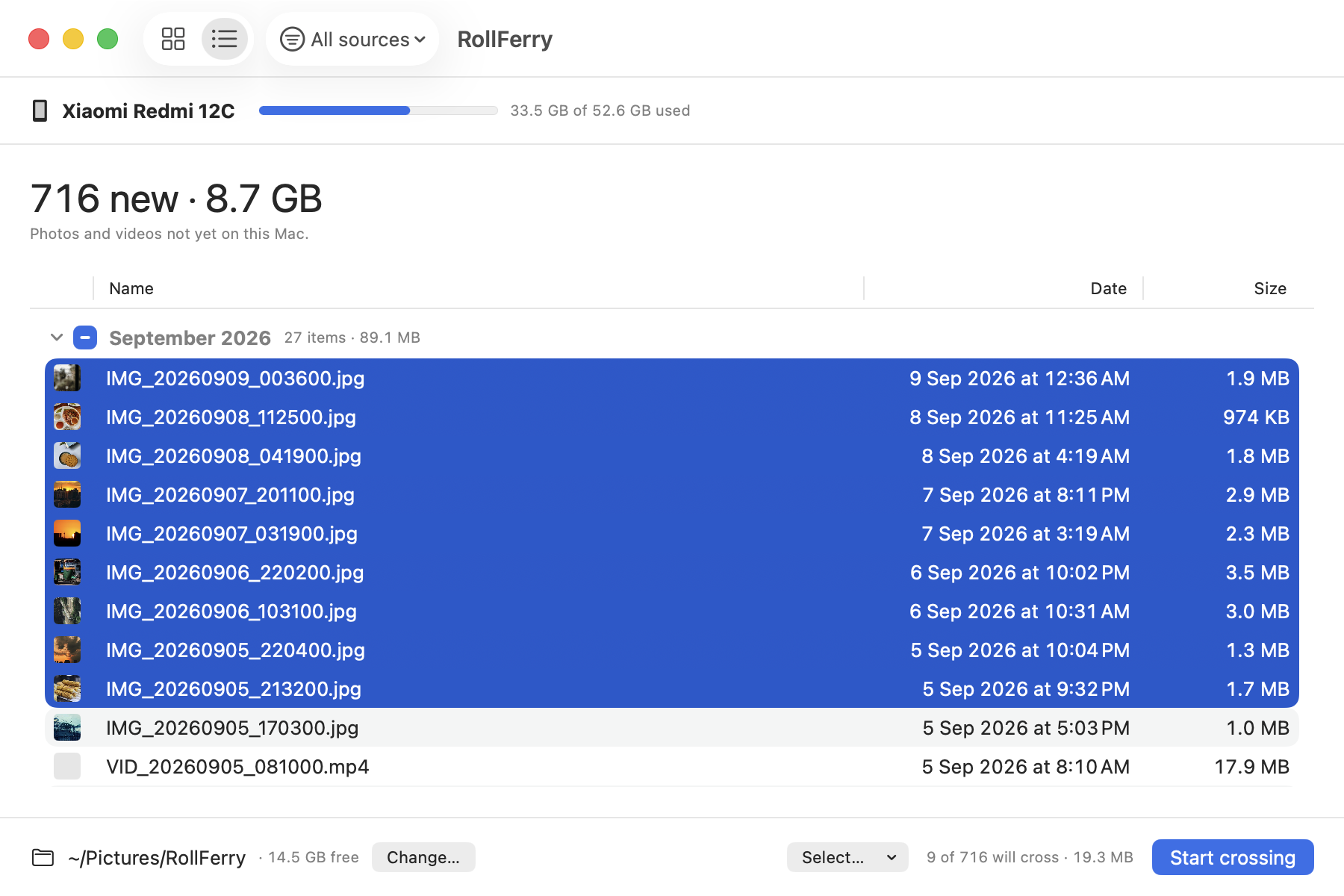 RollFerry’s list view: a table of new photos and videos with thumbnail, name, date and size columns, grouped by month.