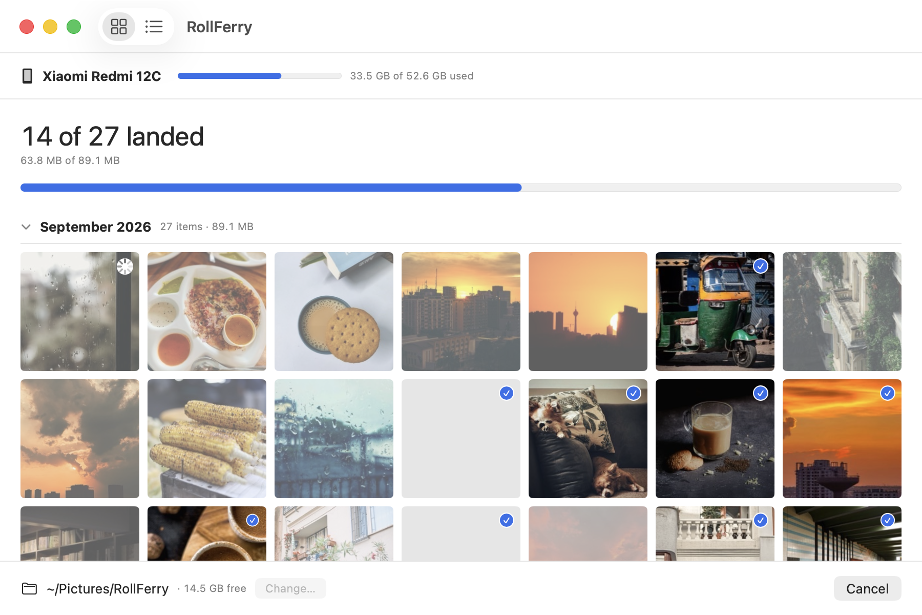 A crossing in progress: “412 of 1,240 landed”, a progress bar, and a grid where finished thumbnails carry a blue tick badge and the file in flight shows a spinner.
