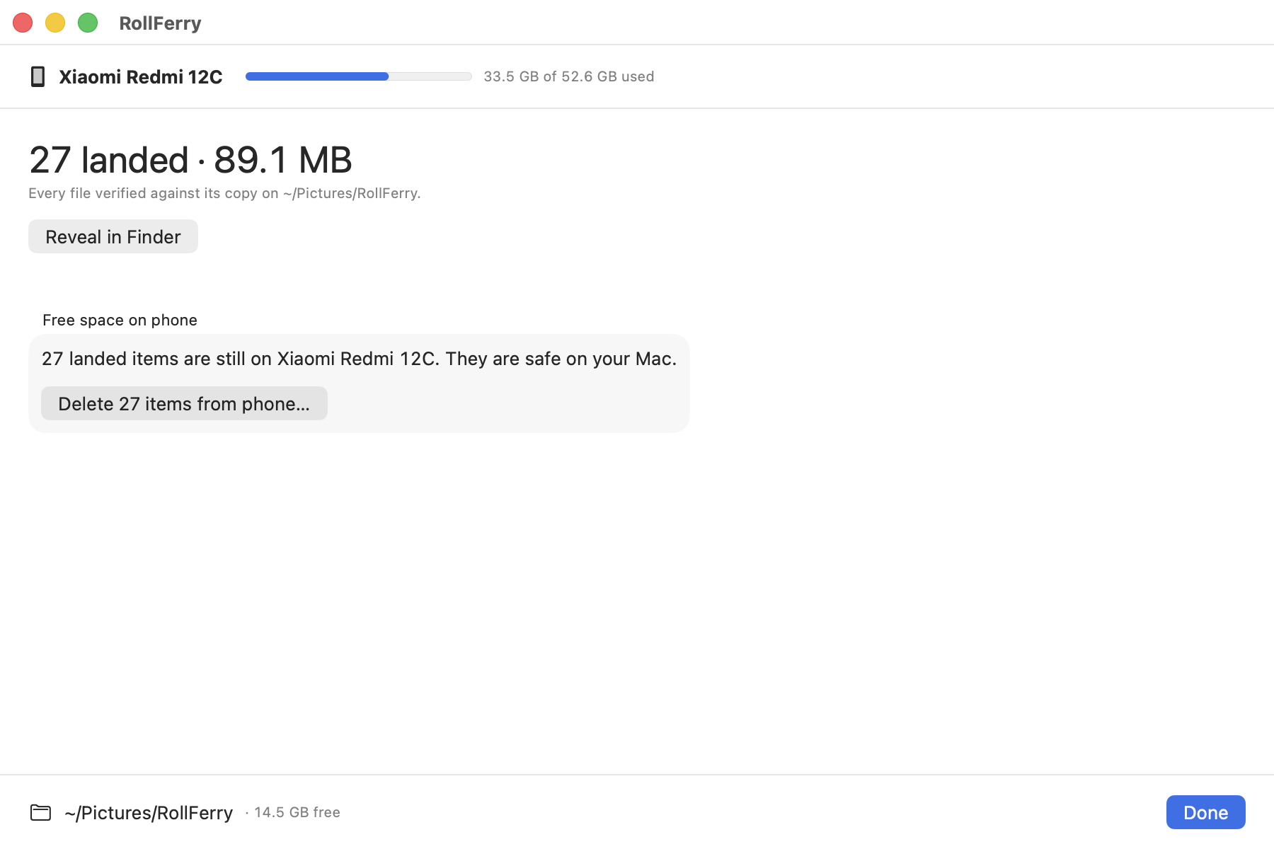 The landed screen: “1,240 landed”, the destination path, and a separate Free space block offering to delete the 1,240 verified items from the phone.